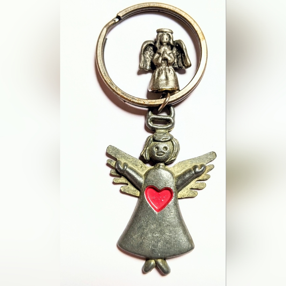 Vtg Pewter Angel Keychain with Red Heart + Ganz angel Nano figurine 1950s